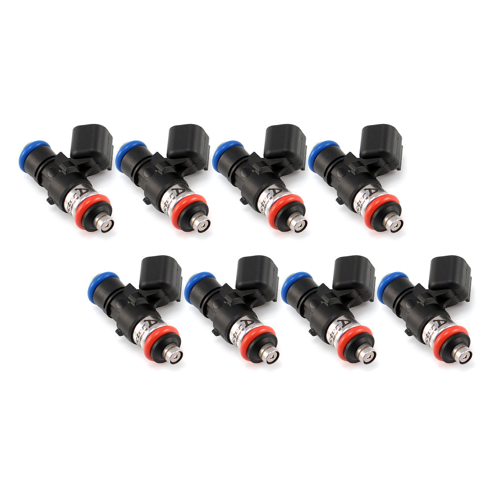 ID1750-XDS, for Ford FG Falcon GT and GS, 5 liter, 2010-2016. 14 mm (grey) adaptor top AND (silver) BOTTOM adaptor. Potted 4" leads with USCAR male connectors. Set of 8.
