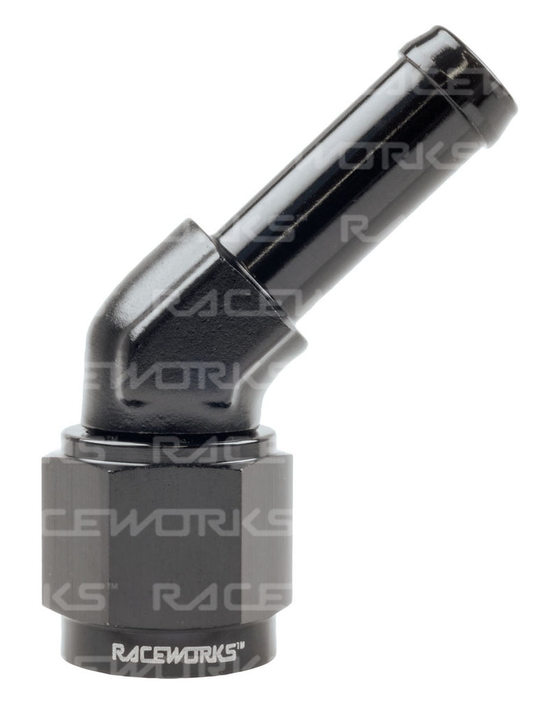 RACEWORKS FEMALE AN-6 TO 3/8'' BARB 45 Deg