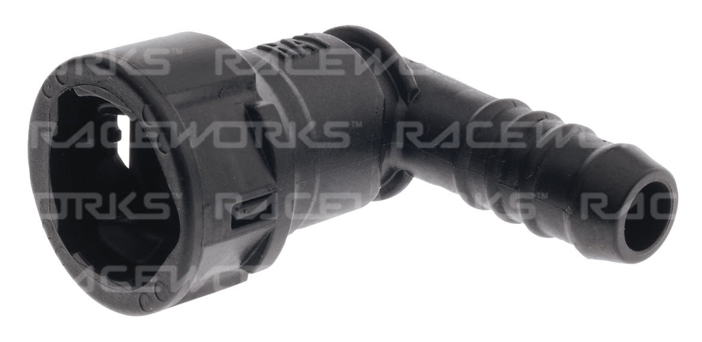 RACEWORKS GM FEMALE EFI 90 DEG ADAPTOR 3/8 TUBE TO 3/8 BARB PLASTIC