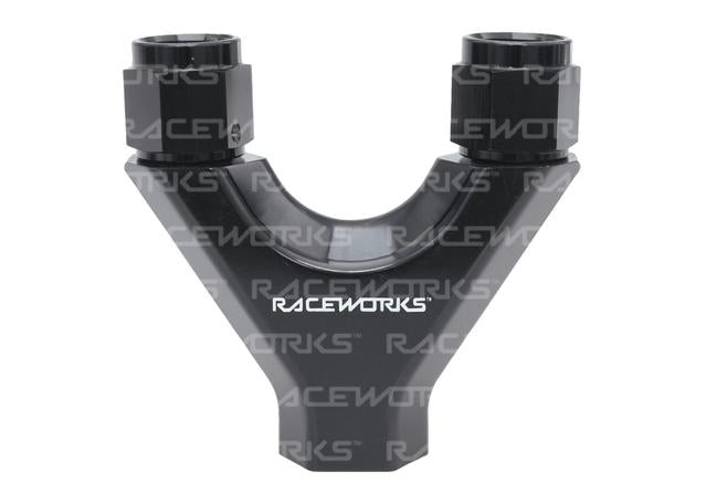 RACEWORKS Y BLOCK 2x FEMALE AN-8 SWIVELS 1X AN-10 O-RING PORT