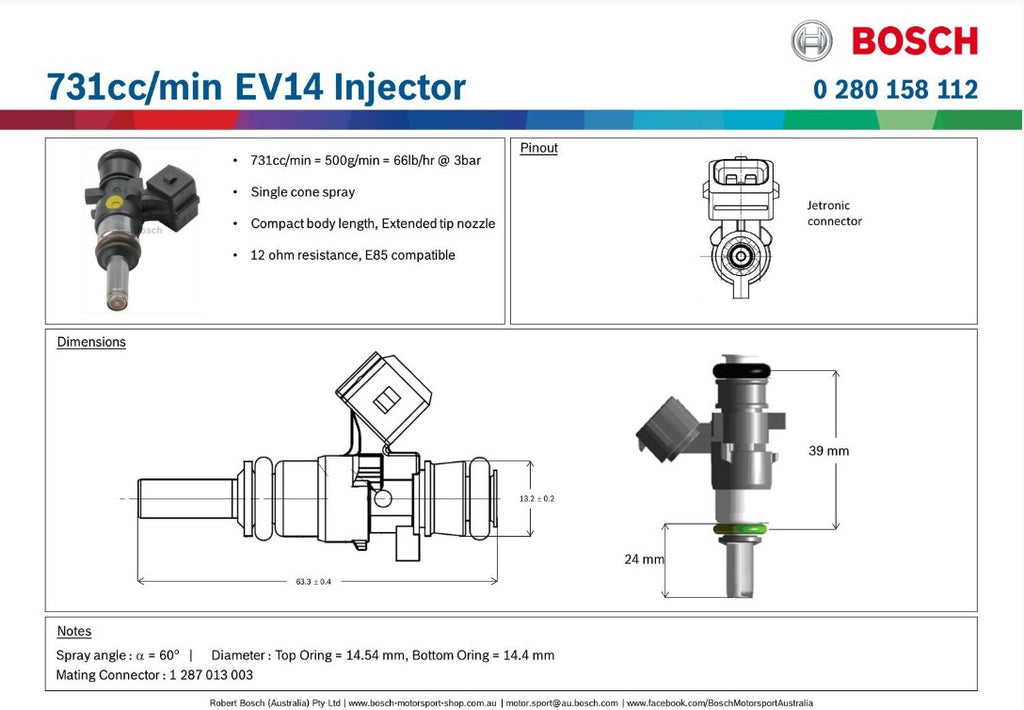 Bosch 731cc EV14 Injector Short Length Extended Nose