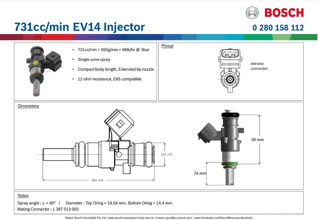 Bosch 731cc EV14 Injector Short Length Extended Nose