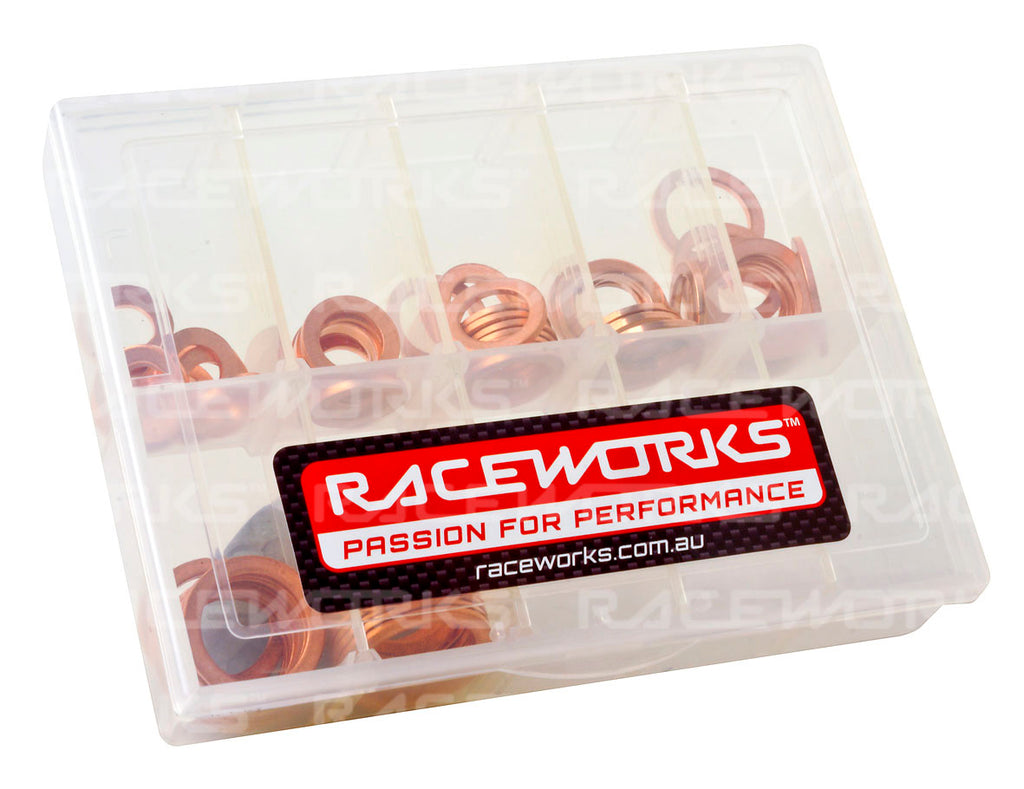 RACEWORKS COPPER WASHER KIT 10 OF EACH SIZE 8mm TO 16mm